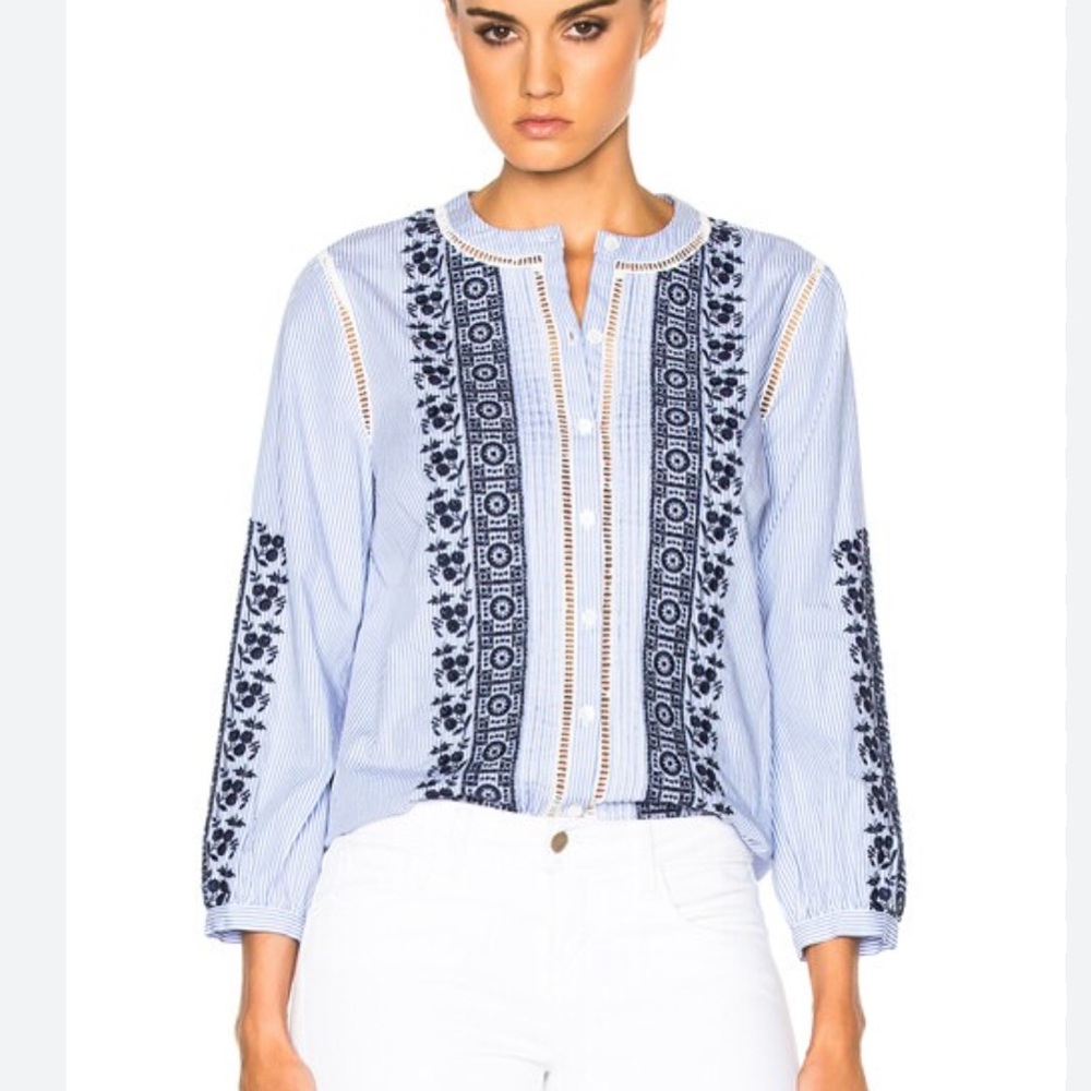 Veronica Beard Claire Button Down Embroidered Top blouse blue eyelet size 0